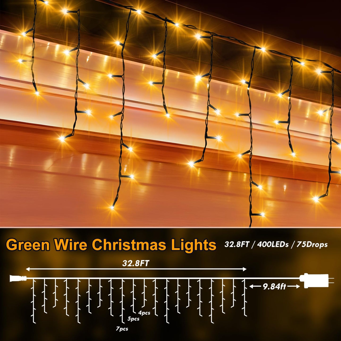 KNONEW 33FT 400 LED Christmas Lights Outdoor Black Wire, Warm White, 8 Lighting Modes, Timer, Connectable, Model KN-1000-LIG168-01