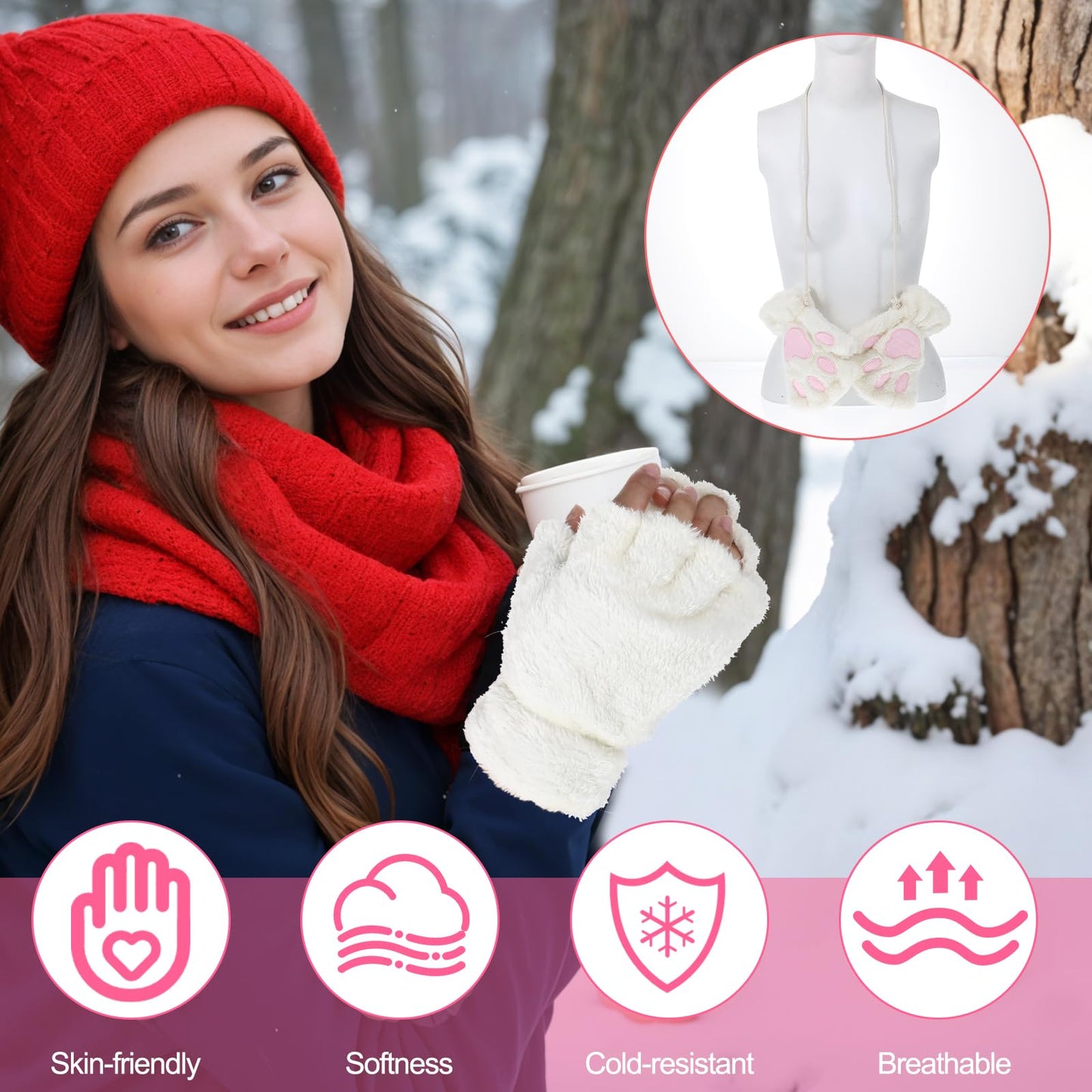 Tyqour 1 Paris Cat Paw Gloves Fingerless Furry Paws Cute Furry Costume White Gloves Kawaii Cat Glove for Women Girls Accessories for Cosplay Glove Novelty Clothing Hand Paw Gear