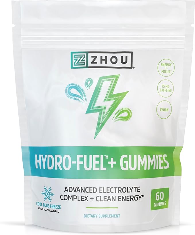 Zhou Nutrition Hydro-Fuel Plus - Electrolyte Gummies - Advanced Electrolyte Complex Plus 75 mg of Caffeine - Clean Energy Supplements - Vegan, 20 Servings, 60 Gummies