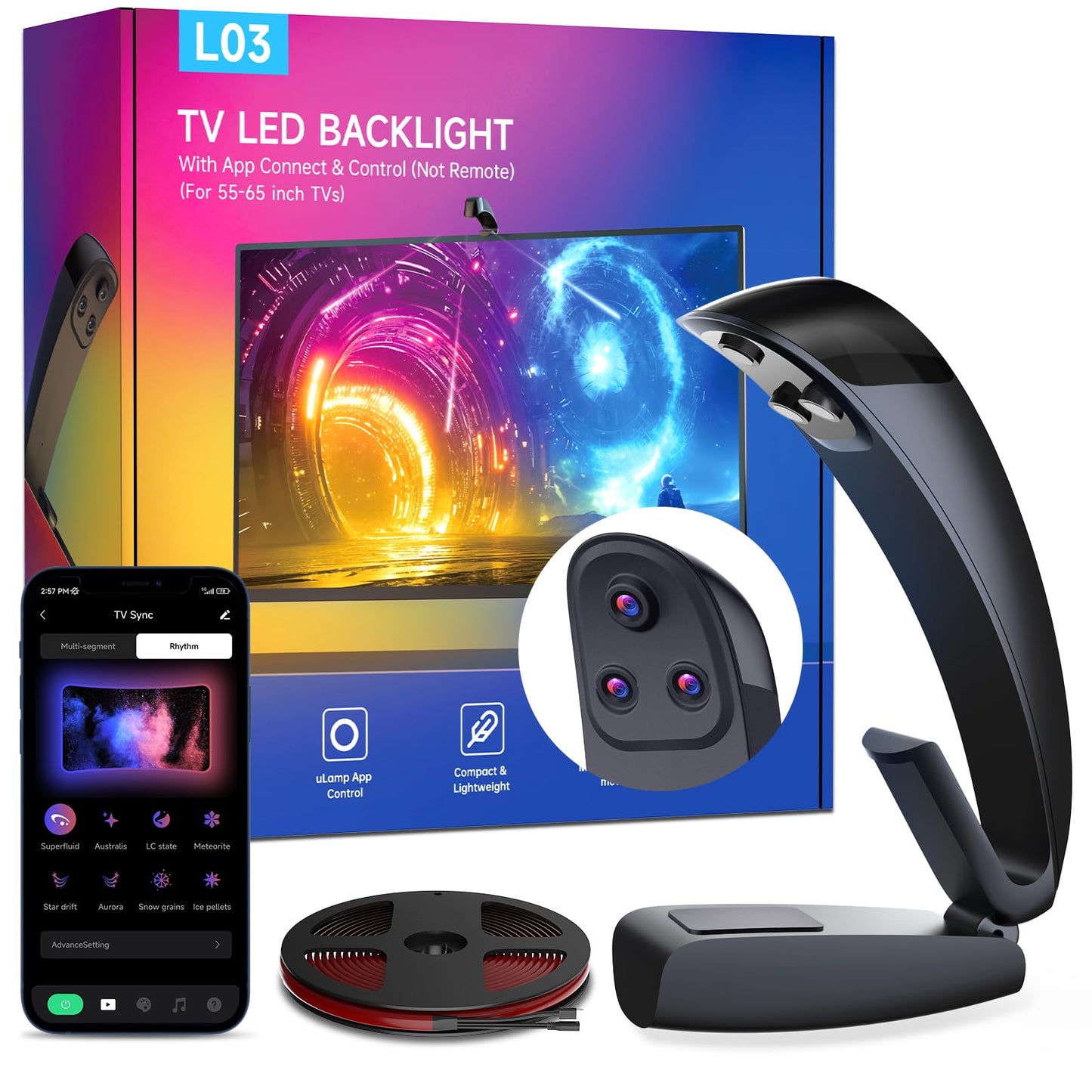 FFJ TV LED Backlight with Triple Sensor, 14.7ft RGB LED Strip Lights That Change with 55-65 Inch Screen, Smart App Control, Music Sync, for Home Decoration - Upgraded Version