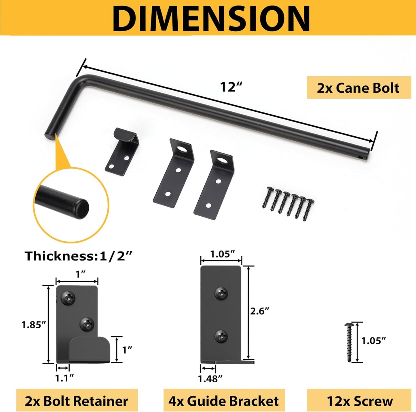 12" Heavy Duty Cane Bolts for Gates with Upgraded Square Hardware Gate Drop Rod with Black Finish for Wood PVC Vinyl Fences Gates, Double Doors-2 Pack