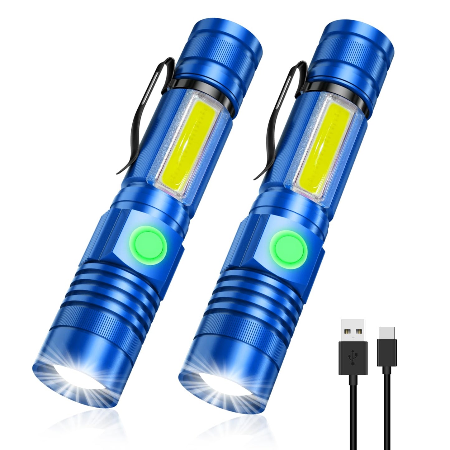 Vnina Tactical Flashlight, Rechargeable USB Magnetic, Waterproof, LED, 4 Models, 2 Pack, Blue, Aluminum