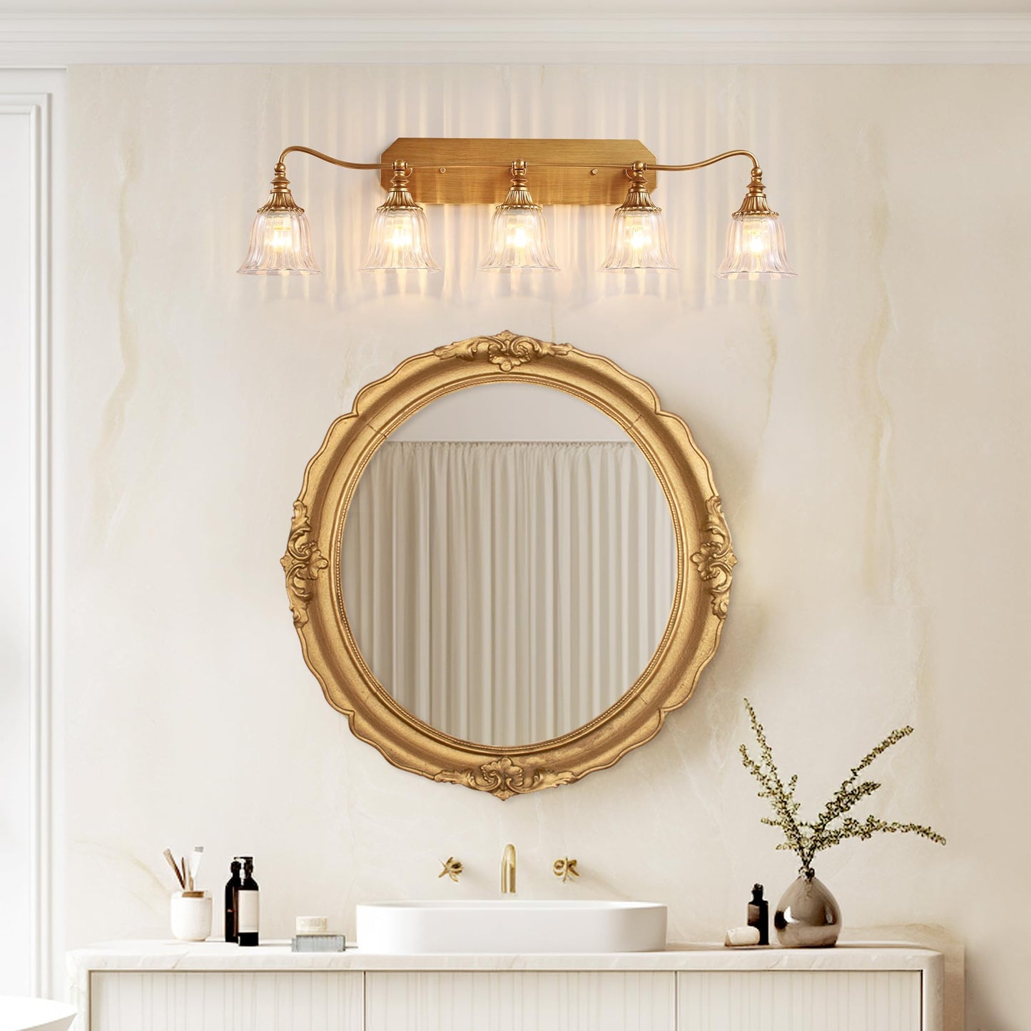 Lmnlvn Bathroom Vanity Gold Light Fixture  5 Lights Bathroom Lighting Matte Antique Brass Finish With Crystal Glass Shade  Gold Vintage Vanity Light For Bathrooms