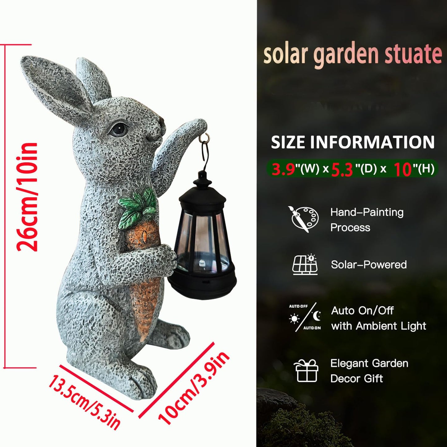 Garden Statues Rabbit Solar Lantern Outdoor Handmade Resin Statue Bunny With Cute Carrot For Patio  Yard MotherS Day Gift Ideas (Rabbit1)