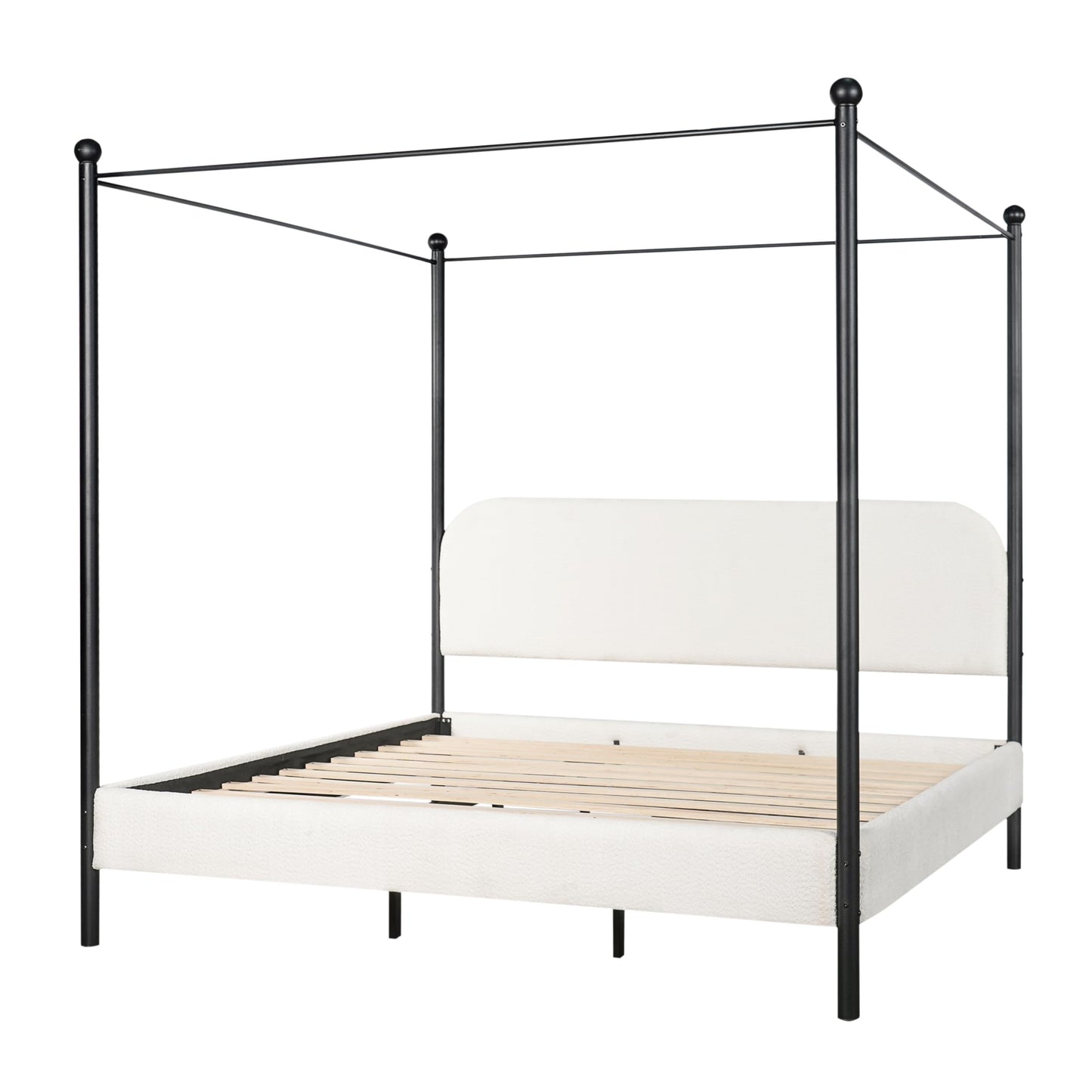 Merax King Size Canopy Bed with Upholstered Headboard, Modern Platform Bed Frame with Iron Legs, No Box Spring Needed