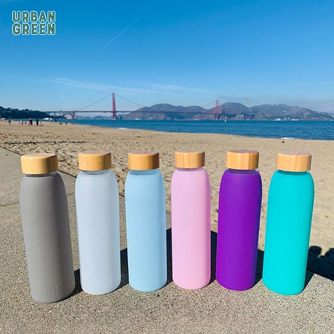 Urban Green Glass Water Bottle with Protective Silicone Sleeve and Bamboo Lid, 18oz, 1extra 304 Stainless Steel Lid with Handle, BPA Free, Dishwasher Safe, Gift Box