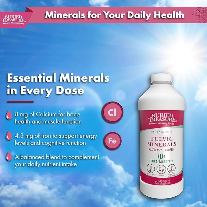 Buried Treasure Fulvic Mineral Complex - 32oz, Natural Raspberry Flavor with Over 70 Plant Derived Minerals Non-GMO Electrolyte Replacement Vegetarian Safe Daily Essential and Trace Minerals