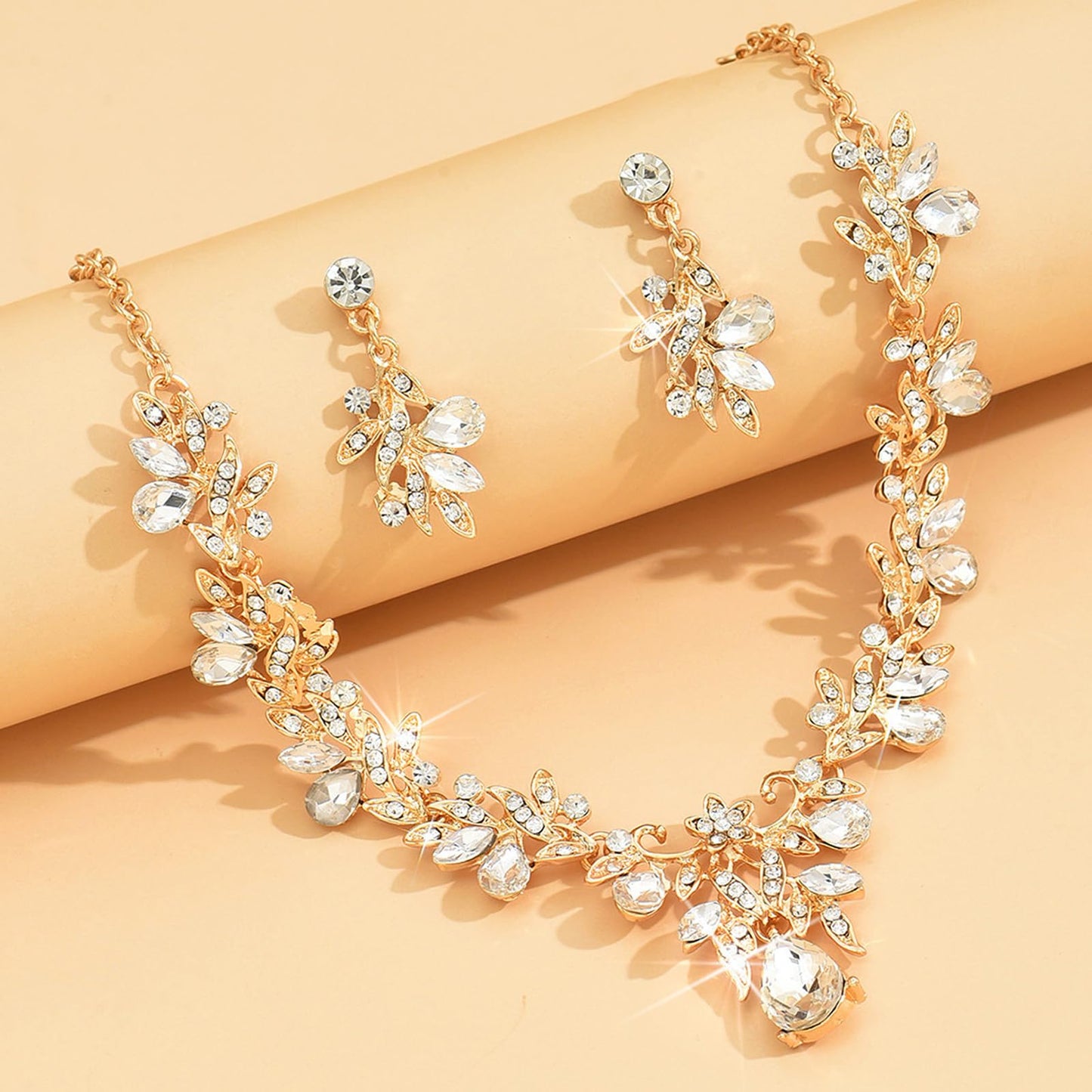 HUASAI Gold Wedding Jewelry Sets for Brides Rhinestone Necklace Earrings Bracelet Set Bridal Costume Jewelry for Women Formal We