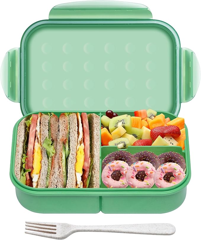 Wheat Straw Bento Box, BPA-Free Lunch Box for Kids & Adults - Leakproof 3-Compartment Lunch Containers with Utensil, Microwave/Dishwasher Safe, 5.5 Cup Green