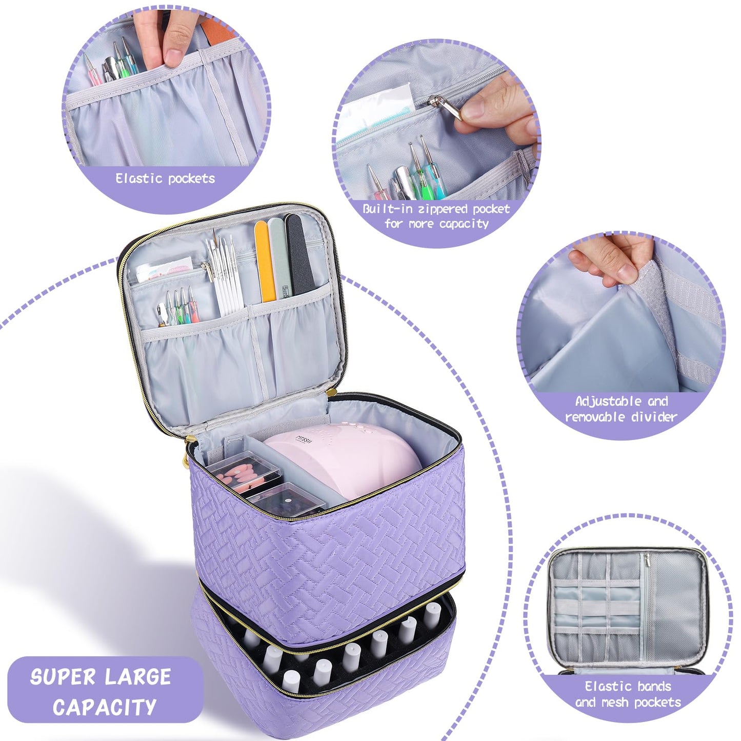 RZMAYIS Nail Polish Carrying Case Bag-Holds 30 Bottles, Double-Layer Nail Polish Storage and Nail Dryer Case