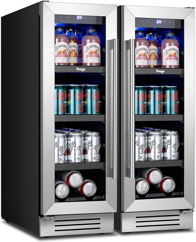 Yeego Beverage-Refrigerator,12 Inch Beverage Cooler 2PCS Small Wine Fridge Built-in or Freestanding with Auto Defrost, Mini Fridge with Glass Door for Bottles and Cans Beer/Soda/Water/Wine