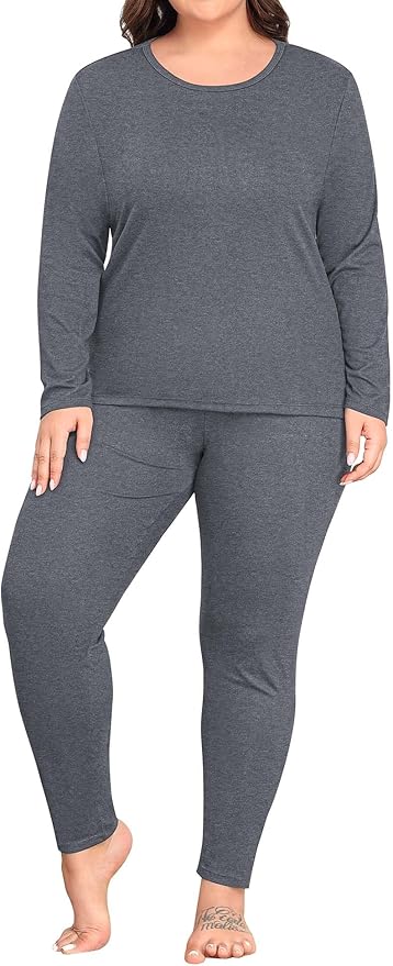 SWOMOG Plus Size Thermal Underwear Sets for Women Long Johns Base Layer Set 2 Pcs Underwear Top & Bottom Pajama Set
