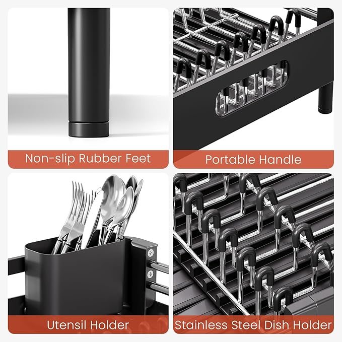 TOOLF Dish Drying Rack for Kitchen Counter, Extendable Dish Rack with Drainboard, Expandable Dish Drainer, Collapsible Dish Strainer with Cutlery Holder, Foldable Countertop Plate Rack, Dark Black