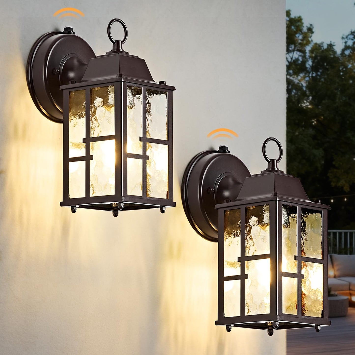 Okeli 2-Pack Dusk To Dawn Outdoor Wall Lights  Weatherproof Exterior Lighting Fixture Wall Mount  Aluminum Ripple Glass Porch Light  Anti-Rust Outside Wall Sconce For House  Garage(Brown)