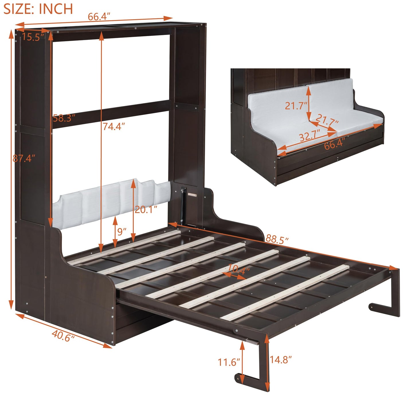 Ball & Cast Murphy Bed Queen Size Wall Bed with Sofa,Wood Murphy Bed,Platform Bedfram Chest can be Folded,Hideaway Cabinet w/Cushion,Space-Saving Furniture for Study,Office,Espresso