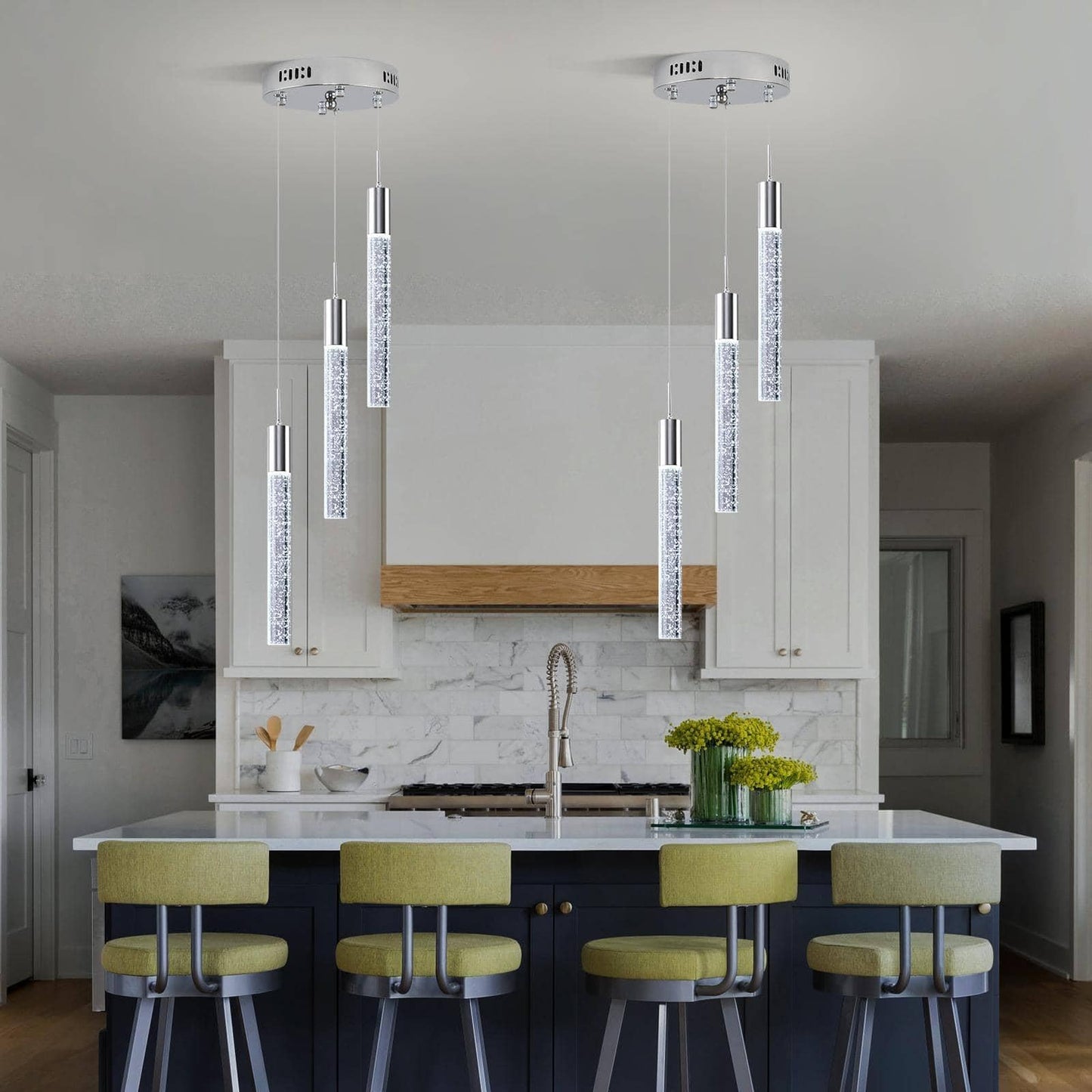 Upfelw Modern Crystal Chandelier, 3-Light LED Pendant Light, Remote Control, Chrome, Model UCC-S07-1212