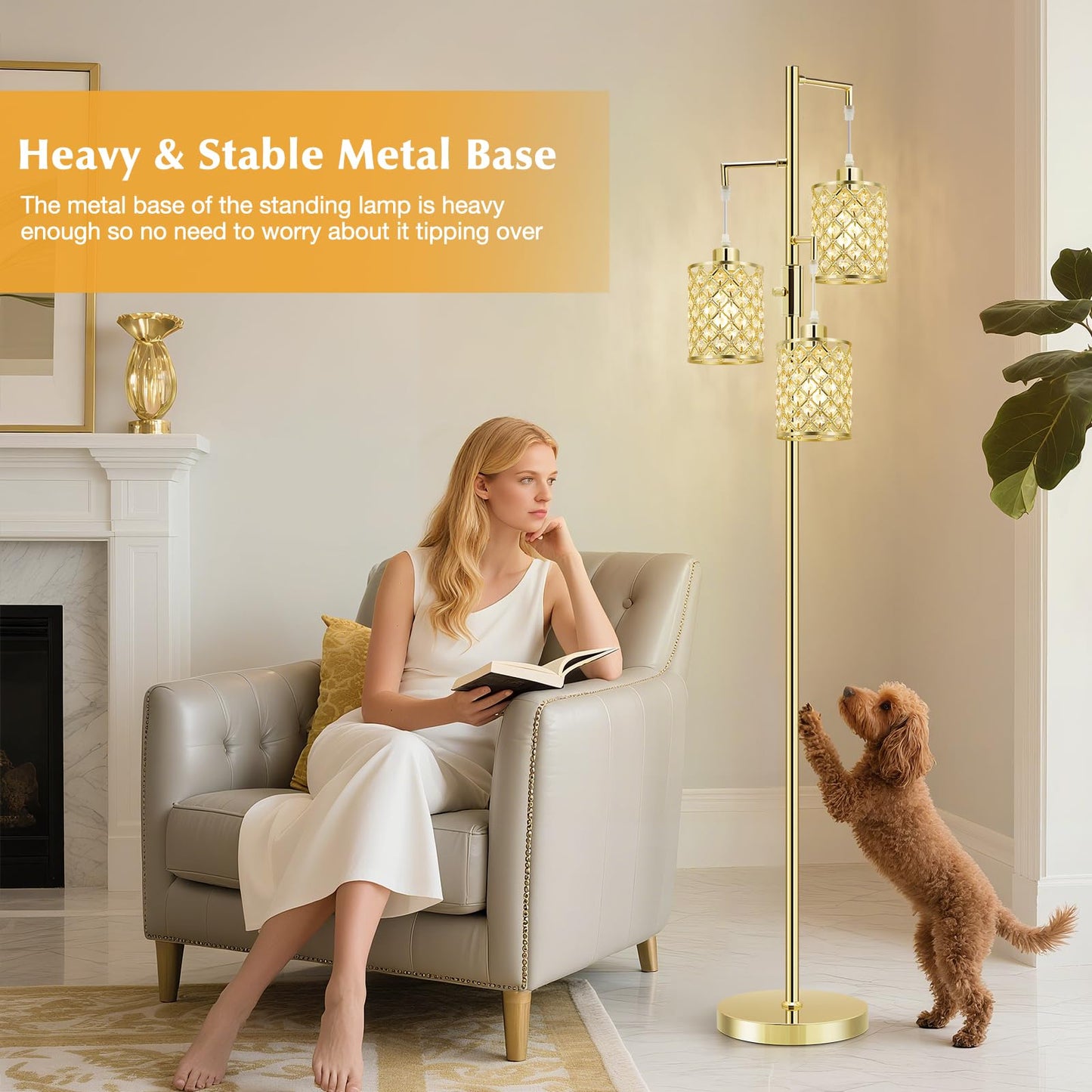GyroVu Floor Lamp, 3-Light Modern Gold Crystal Design, K9 Crystal Shade, Model G-1FL-1769B