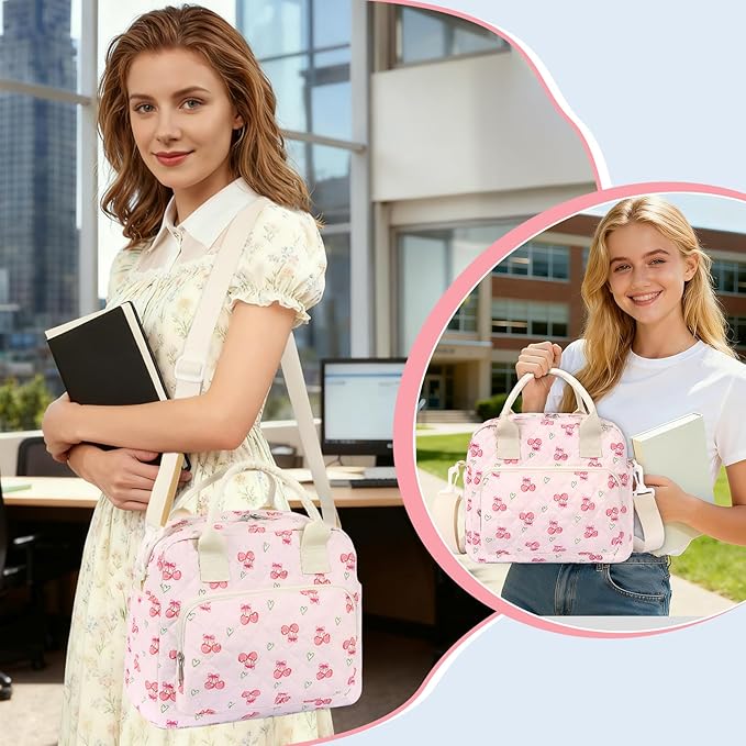 Quilted Lunch Box for Women,Large Pink Cherry Insulated Lunch Bag for Adult,Cute Lunch Tote Bags for Work Picnic Travel (pink charry heart,M)