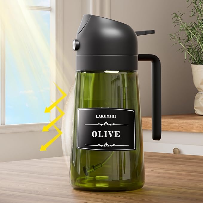 2 in 1 Oil Sprayer for Cooking 16oz, Green Light-Blocking Glass Olive Oil Dispenser Bottle, Food-Grade Oil Mister with 8 Stickers for Kitchen Salad Frying