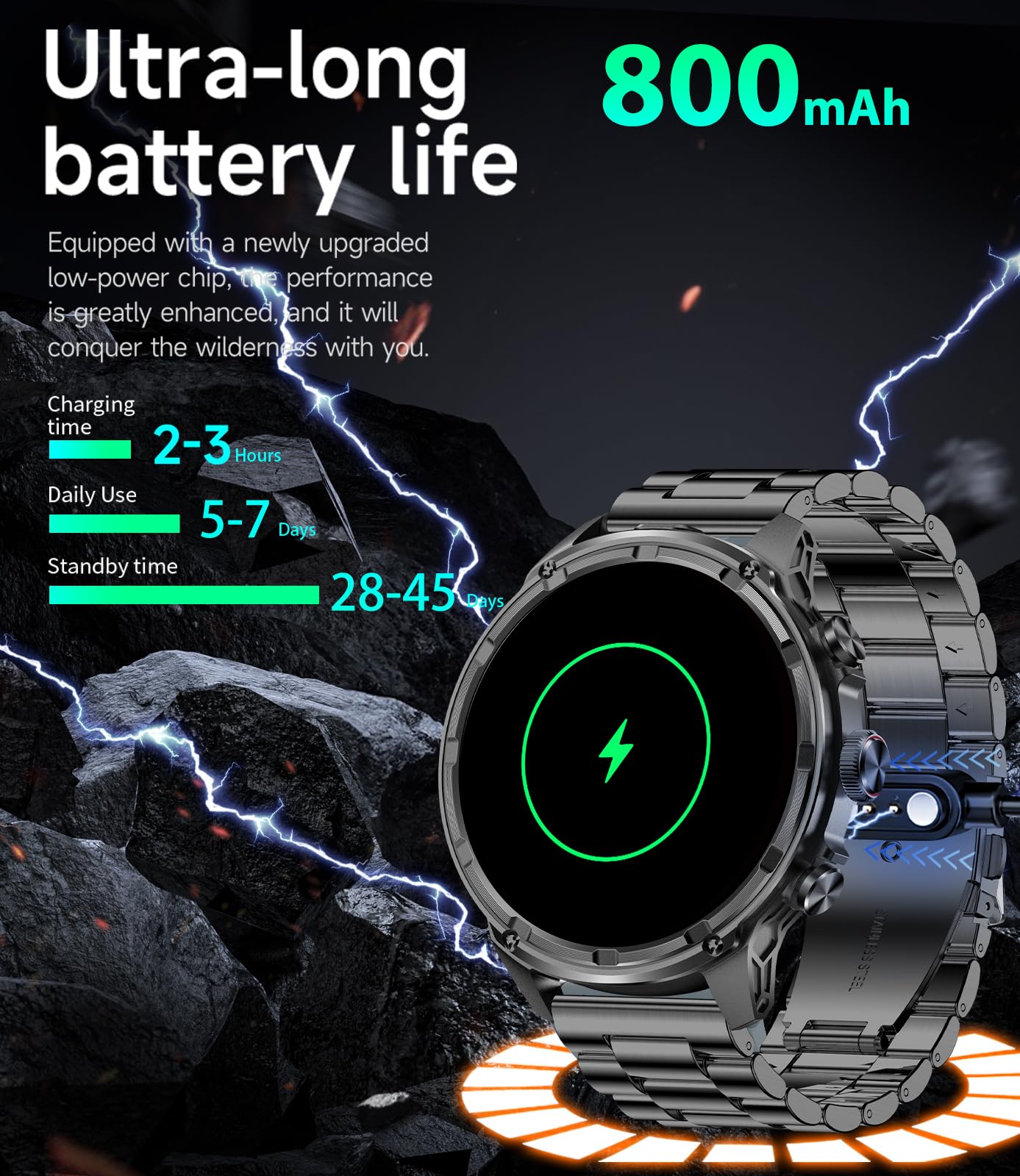 HIRREO Smart Watches for Men (Bluetooth Call), 1.85" Extra Large Screen Smartwatch with LED Flashlight, 800mAh Extra-Long Battery, 100+ Sports Fitness Tracker Watch with Sleep for Android iOS