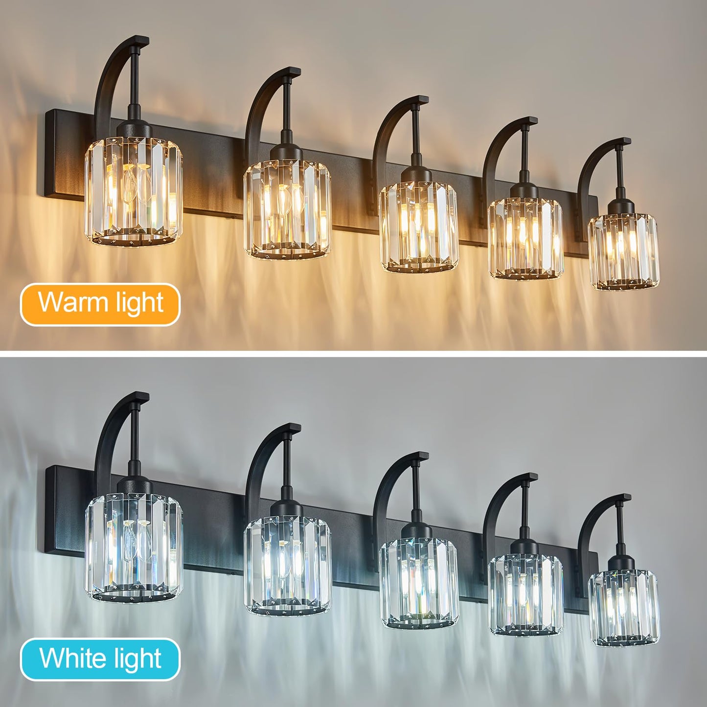 Fdpby 5-Light Crystal Vanity Light  Modern Black Bathroom Wall Sconce With K9 Crystal Shades  42.51 Long Over Mirror Lighting For Vanity  Makeup  Hallway  Elegant & Easy Installation