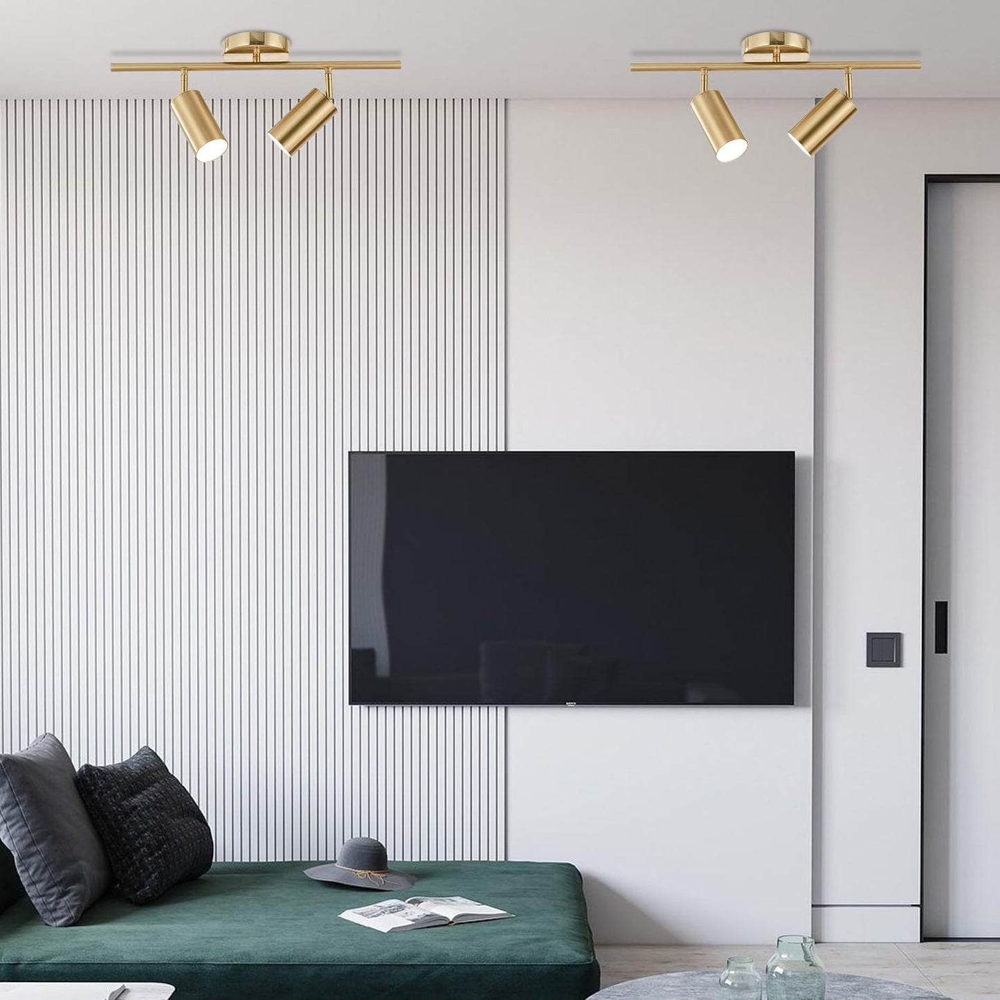 Bokt Mid Century Modern 2-Lights Led Track Lighting Kit, Gold Flush Mount, Adjustable Angle, Brushed Brass, Model Df-B6Yv-C8Ci-2