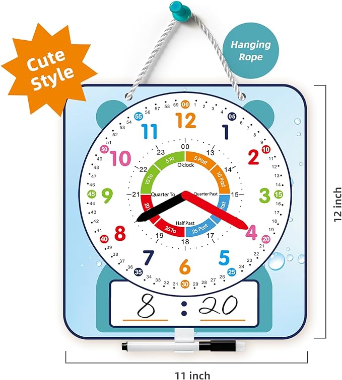 2 Pack Magnetic Writable Dry Erase Teaching Clock with Pen, Large 12" Teaching Demonstration Clock for Kids Learning Time with Cute Style for Home School Classroom Supplies(12" x 11")