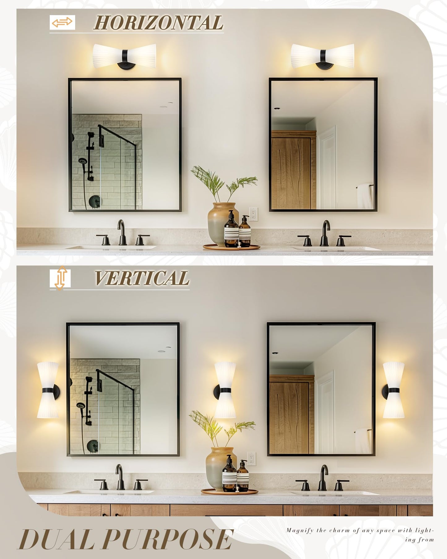 Modern Black Wall Sconce  Hwh Up And Down Indoor Sconces Wall Lighting With Frosted Milk White Striped Glass Shade  Hardwired Wall Mounted Vanity Lamp For Bathroom  5Hzg97B-2W Bk