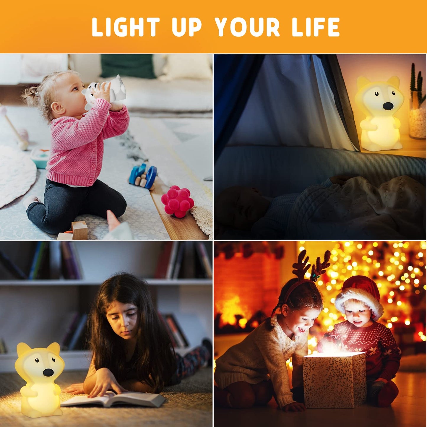 Shaarkmango Led Night Light - Portable Kids Desk Lamp, 9 Colors, Dimmable, Rechargeable, Soft Silicone, Fox Night Light