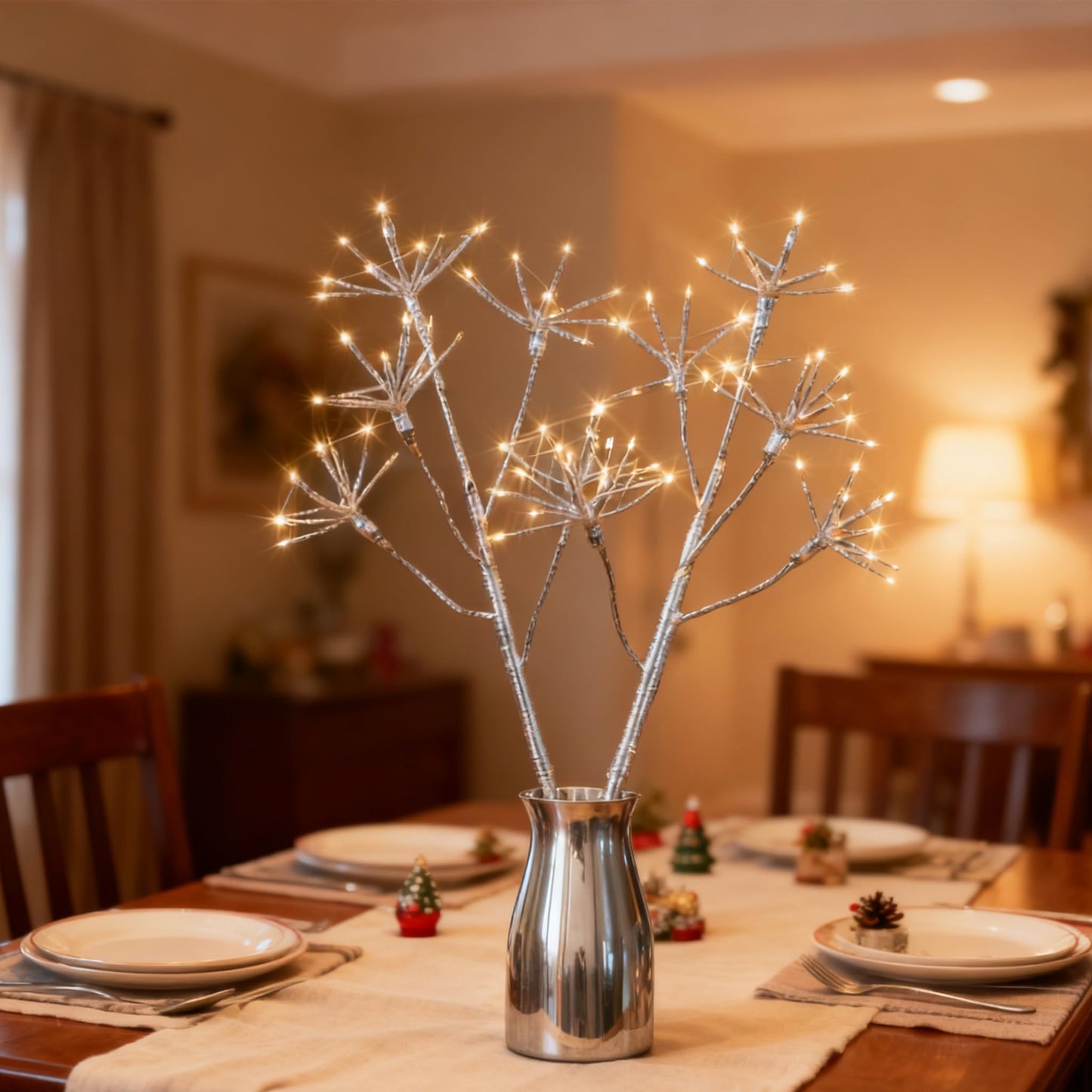 Hairui Lighted Silvery Starburst Branches With Timer 32In 100 Led Fairy Lights Battery Operated Or Usb Plug In  Willow Branch Lights For Home Fireplace Table Christmas Decoration Indoor Outdoor Use