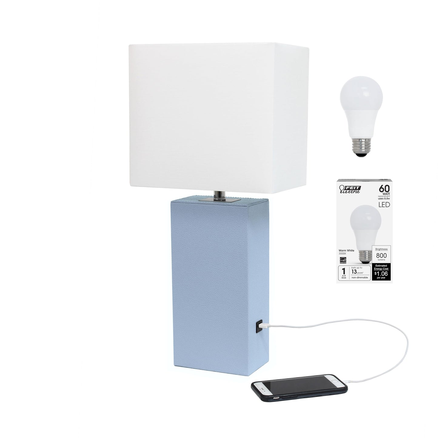 Elegant Designs Modern Leather Wrapped Table Lamp With Usb Port, Periwinkle, Lt1053-Pwk-Lb, Bulb Included