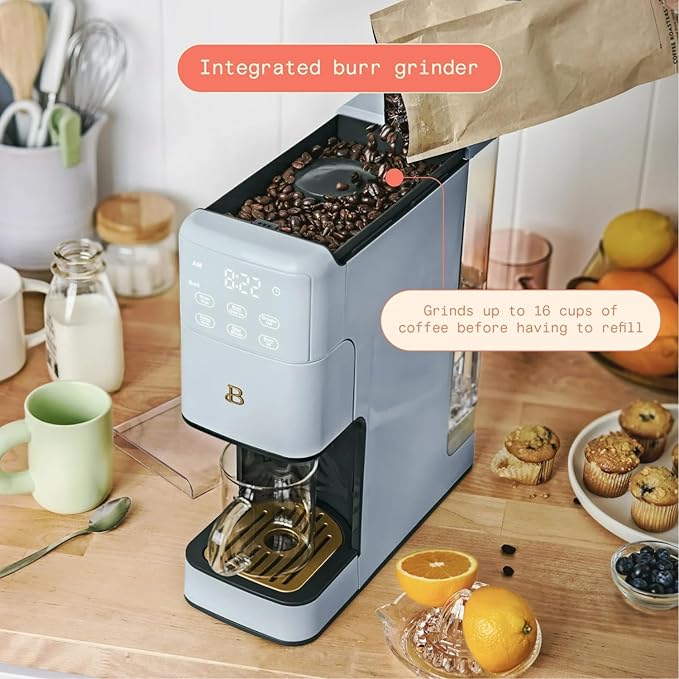 Beautiful Perfect Grind Programmable Single Serve Coffee Maker with Touch-activated Display, Programmable and Integrated Burr Grinder, 64oz Water Reservoir (Cornflower Blue)