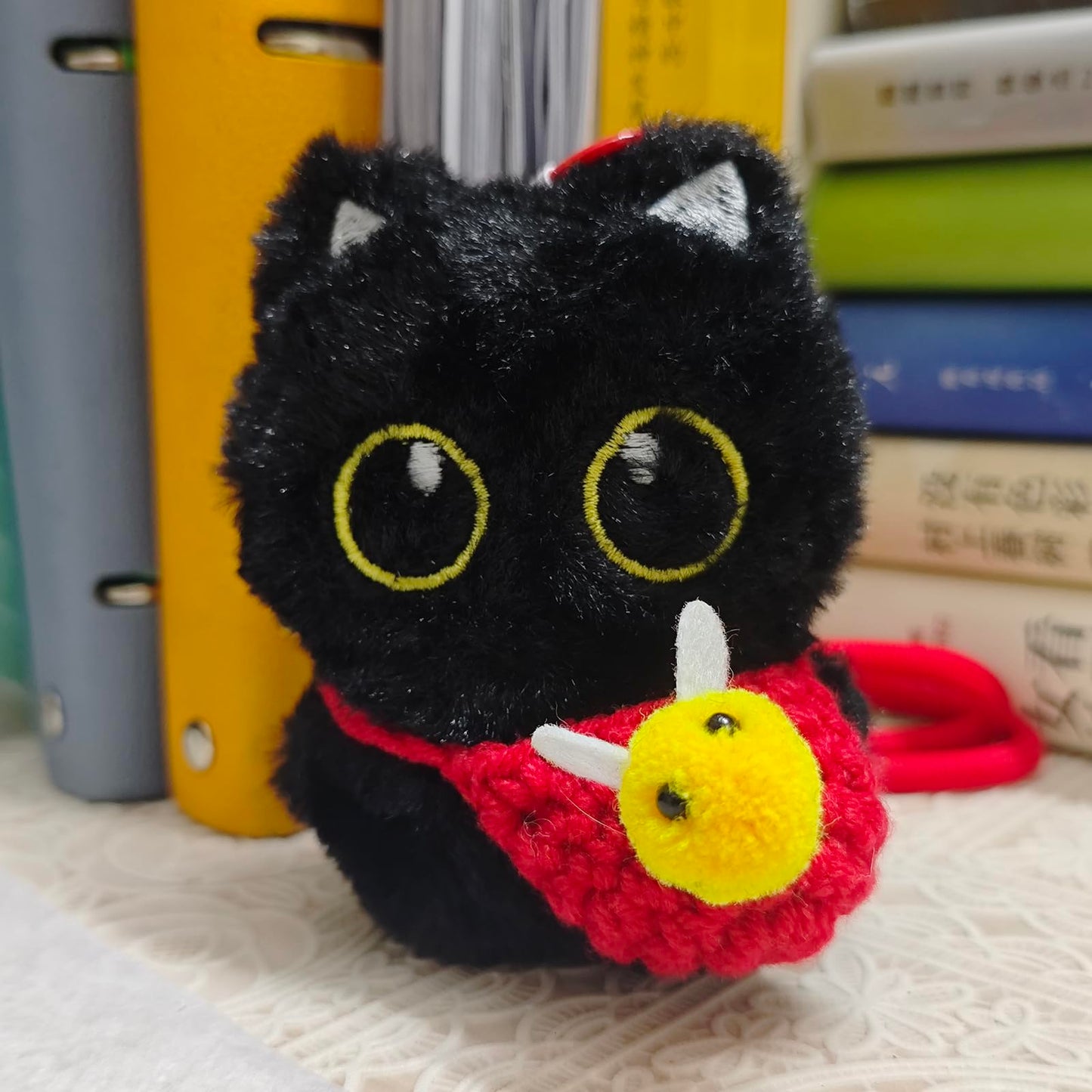QUIBBLY Black Cat Keychain, Plush Cute Pendant for Handbags, Backpacks, Wallet with Detachable Bag DIY Trinket Gifts (Blue)