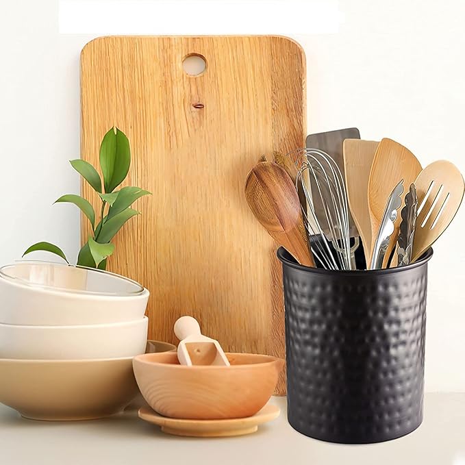 Monarch Abode Kitchen Utensil Holder – Hand Hammered Metal Black Utensil Holder, Decorative Utensil Crock for Kitchen Counter, Cooking Tool and Spatula Holder for Countertop, Caddy Organizer