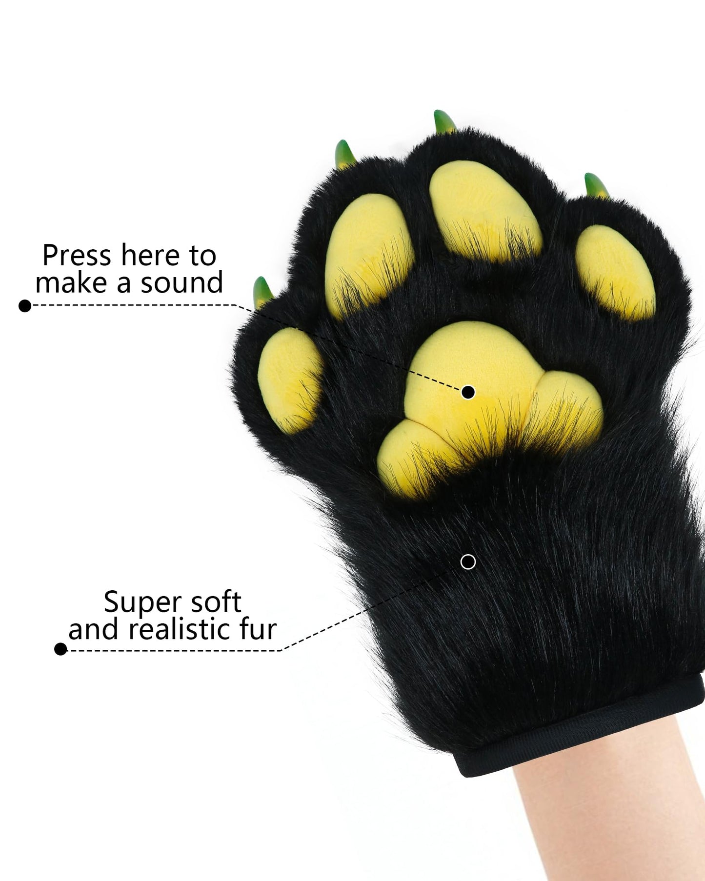 BNLIDES Cosplay Fursuit Paw Gloves Furry Claw Gloves Built-in Whistle Decompression Toys Costume Party Accessories for Adult (Black-Yellow)