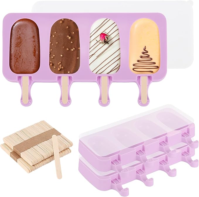 3 Set Violet Popsicles Molds with Lids and 100 Pcs Wooden Popsicles Sticks, Standard Size 4 Cavities Silicone Ice Pop Molds for Making Cakesicles, Cake Pops, Ice Cream - BPA Free