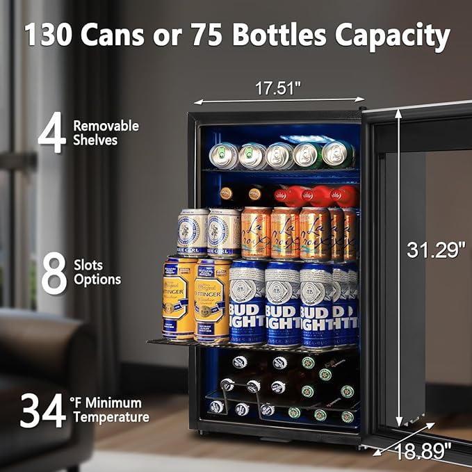 Tylza 130 Cans Beverage Refrigerator Cooler, 3.22 Cu.Ft Beverage Cooler with Low-E Glass Door, Safety Lock, Beverage Fridge for Soda, Beer, Wine, Mini Fridge for Home, Office, Bar, Bedroom, Silver