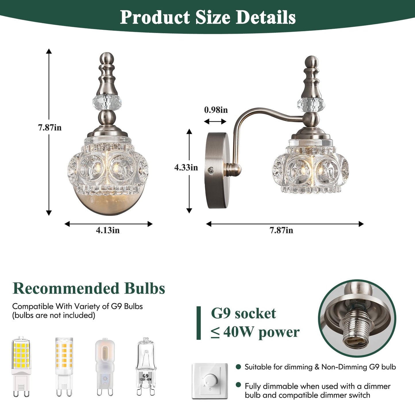 Lbsqj Modern Wall Sconce Set Of Two Indoor Wall Lamp Nickel Vintage Wall Sconces Glass Wall Light Bathroom Vanity Light Fixture Wall Mounted Room Sconce Wall Lighting