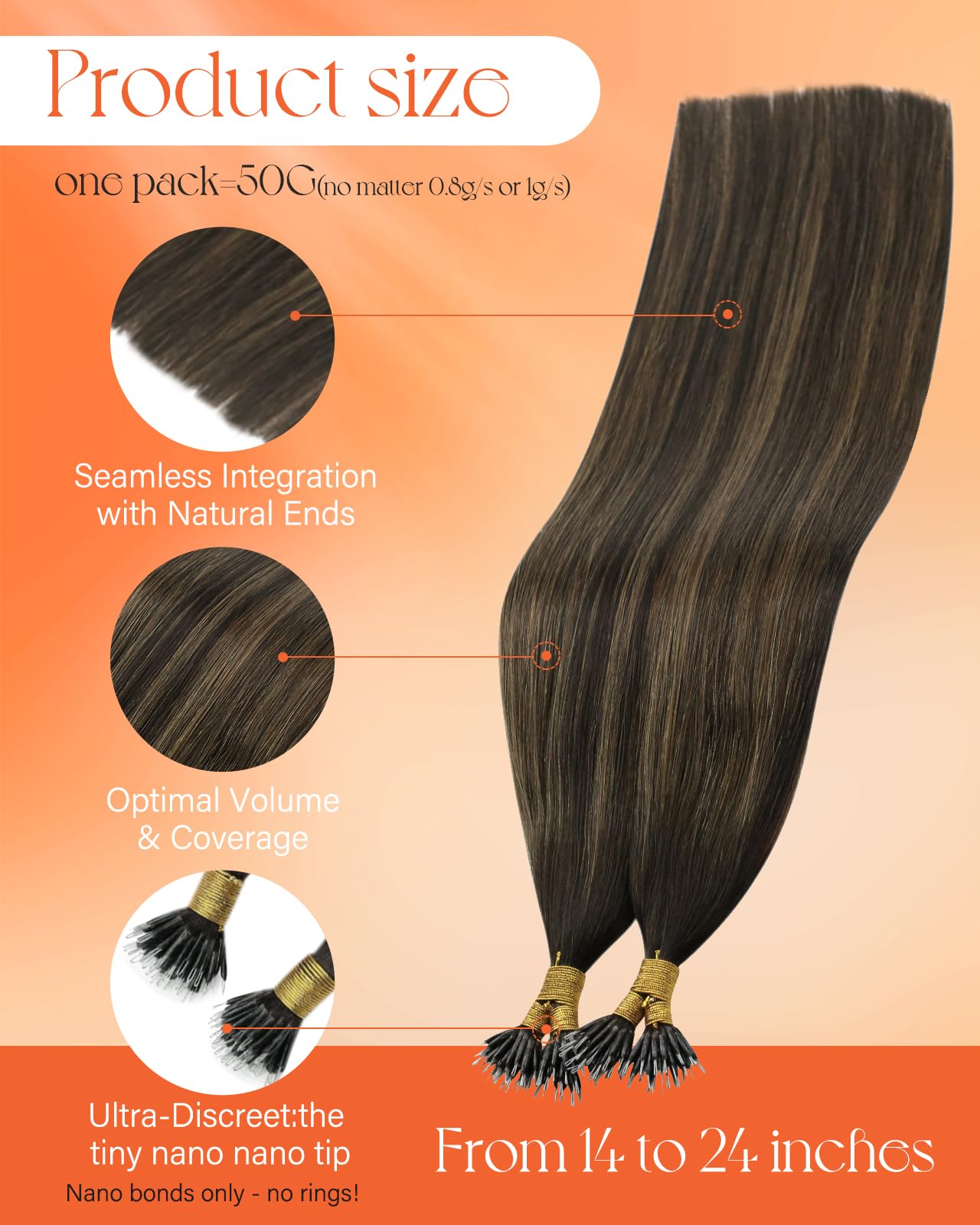 Sunny Hair 18inch Nano Bead Hair Extensions Human Hair Dark Brown Balayage Nano Hair Extensions Human Hair Invisible Nano Tip Ha