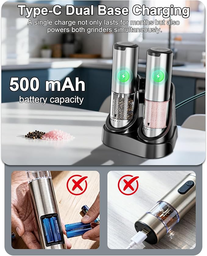 Electric Salt and Pepper Grinder Set | 6-Grind Settings & Top Anti-Misoperation Design | Electric Salt and Pepper Shakers with Detachable Base & Visual Container | for Kitchen, BBQ etc