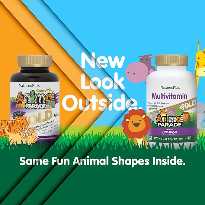 Natures Plus Animal Parade Gold Children's Multivitamin, Grape Flavor - 120 Chewable Animal Shaped Tablets, Pack of 2 - Vegan, Gluten Free - 120 Servings