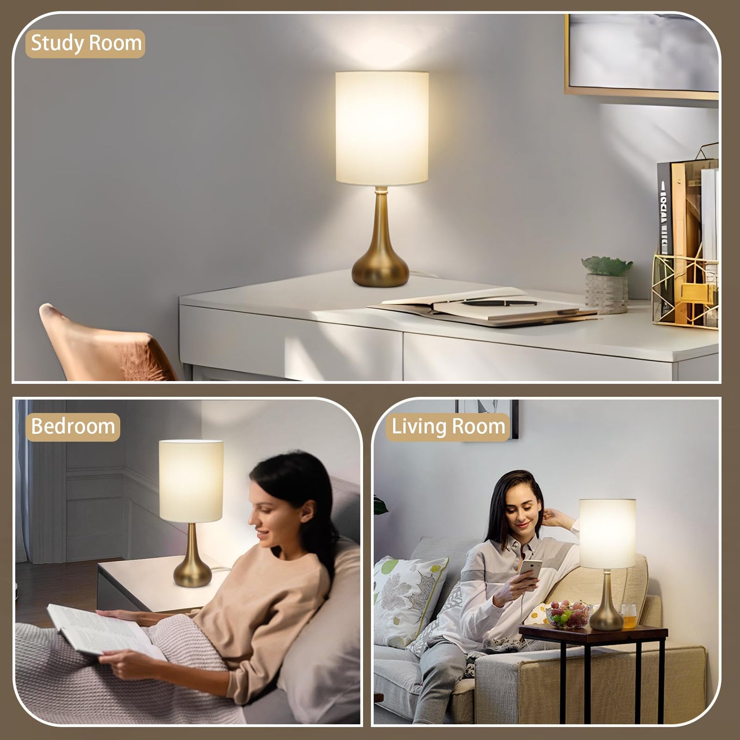 Boncoo Set of 2 Touch Table Lamps, 3-Way Dimmable, Brass Metal Base, A19 3000K LED Bulb Included, Nightstand Lamp for Bedroom and Office