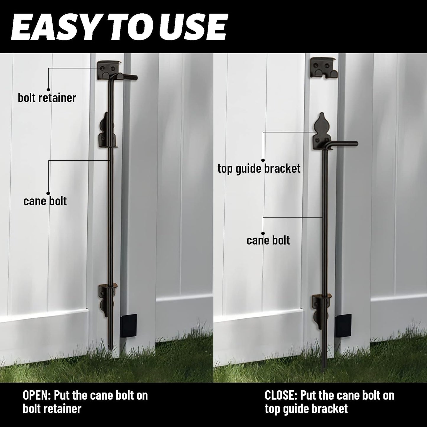 18" Heavy Duty Cane Bolt Gate Drop Rod Hardware Ground Latch for Wood PVC Vinyl Metal Fences Gates, Double Doors, Black Solid Steel -2 Pack