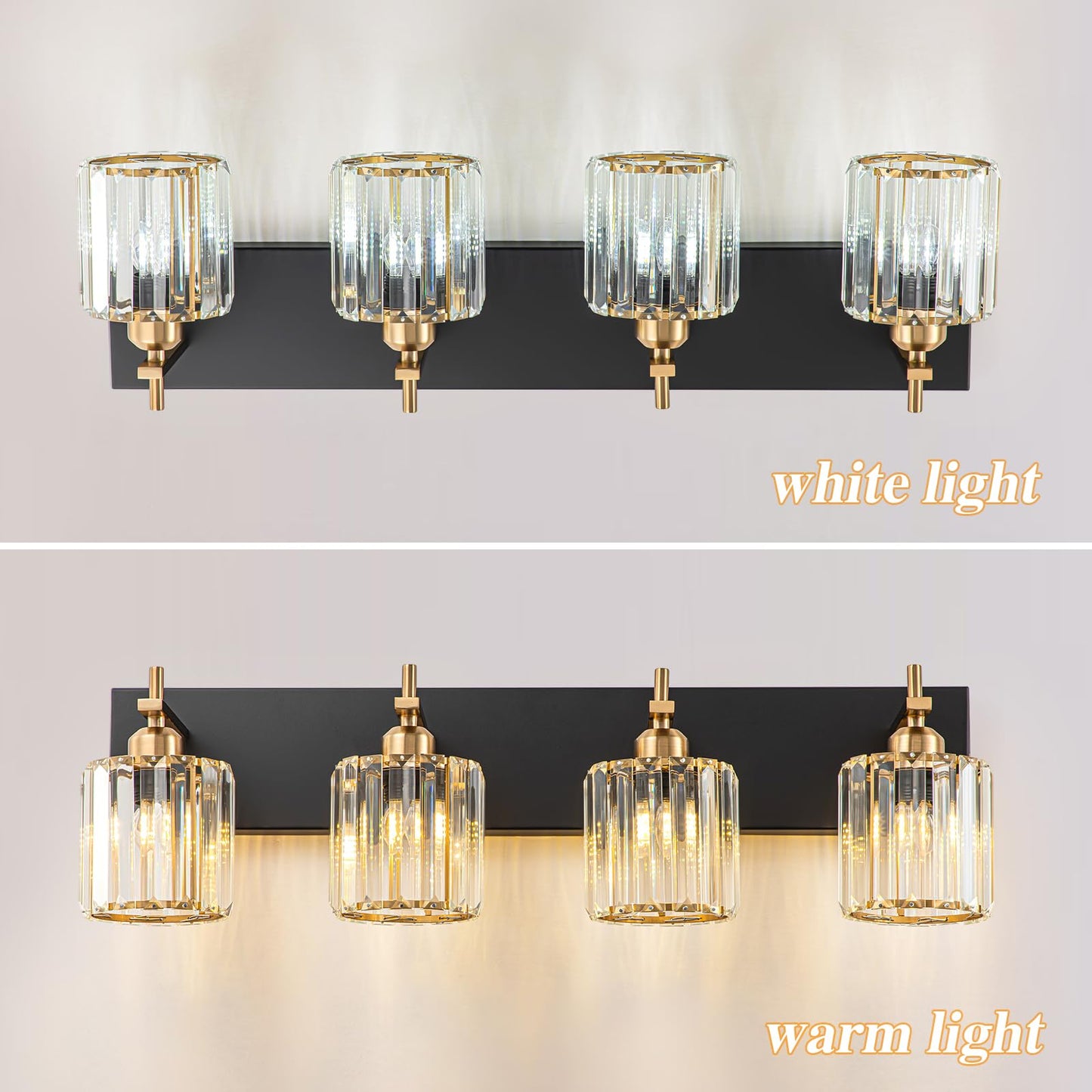 Huoku 4-Light Bathroom Vanity Light, Black Gold Crystal Wall Fixture, Modern Design, Polished Gold Finish