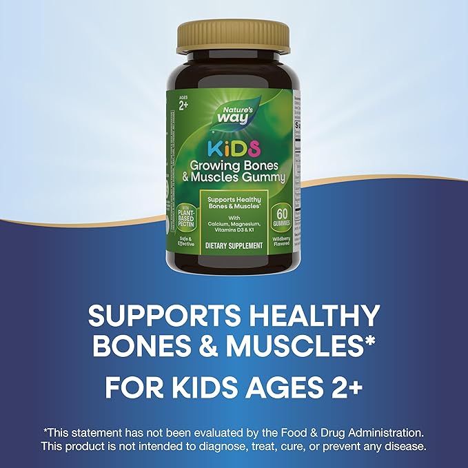 Nature's Way Kids Growing Bones & Muscles Gummies, Supports Healthy Bones & Muscles*, Calcium, Magnesium, Vitamins D3 & K1, Ages 2+, Wildberry Flavored, 60 Gummies (Packaging May Vary)