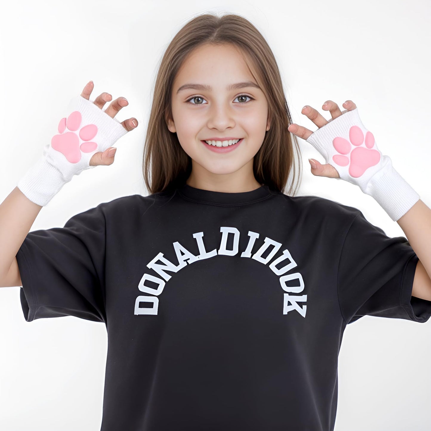 Nydotd Cat Paw Pad Mittens Gloves Kawaii Pink 3D Claw Fingerless Cute Cat Cosplay Gloves Sleeve for Girls Party (White, Short)