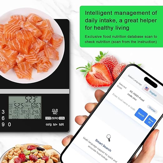 5000g Smart Nutrition Scale, Kitchen Scale with Food Code, Food Scale for Meal Prep, Portion Control, Baking, Weight Loss, 4 Units, Tare Function, Batteries Included