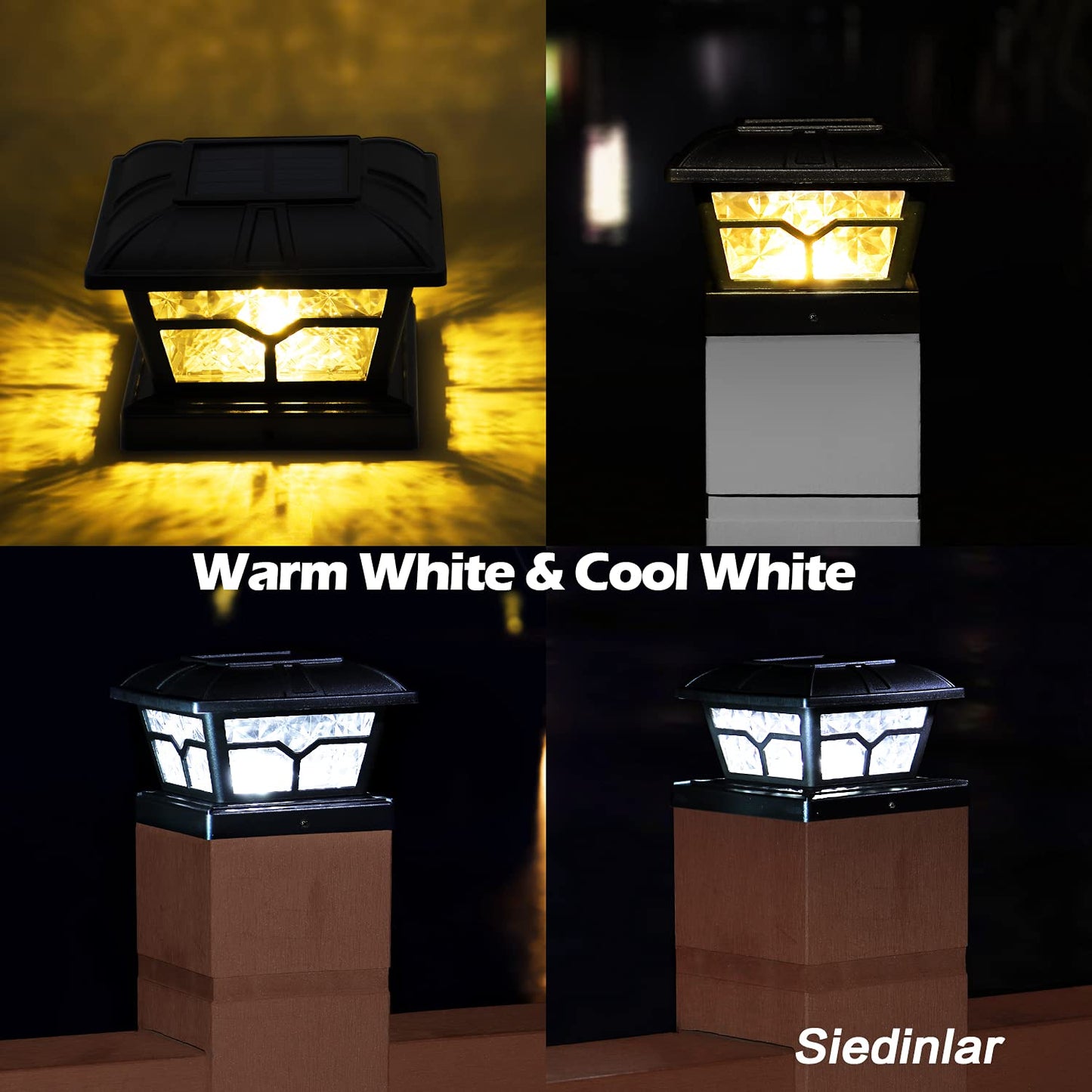 SIEDiNLAR Solar Post Cap Lights - 8 LEDs, 2 Color Modes, Black, 4 Pack, Fits 4x4, 5x5, 6x6 Posts