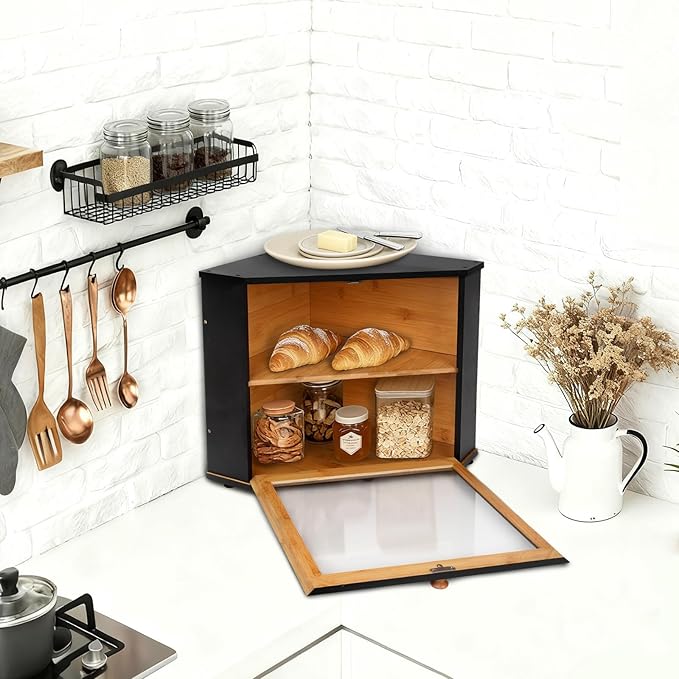 Bamboo Corner Bread Box for Kitchen Countertop, Black Bread Storage Box, Double-Layer Round Wooden Breadbox with Acrylic Transparent Window installed under cabinets, Store Various Foods and Items