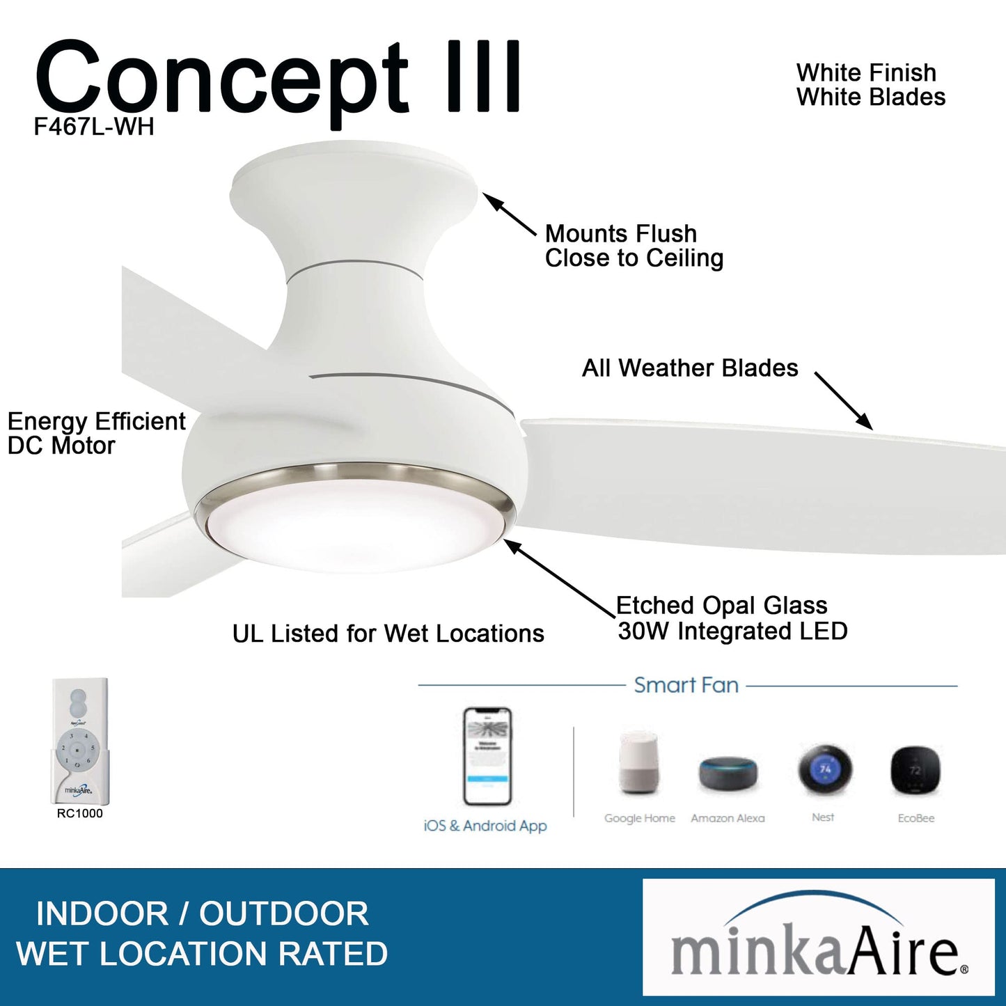 Minka-Aire Concept Iii 54 Hugger Ceiling Fan With Led Light Kit In White Finish, F467L-Wh